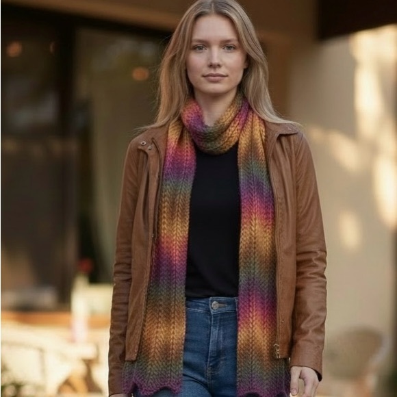 Scarf Hand Crafted Colorful Boho Burgandy Green Gold Brown m - Picture 2 of 11